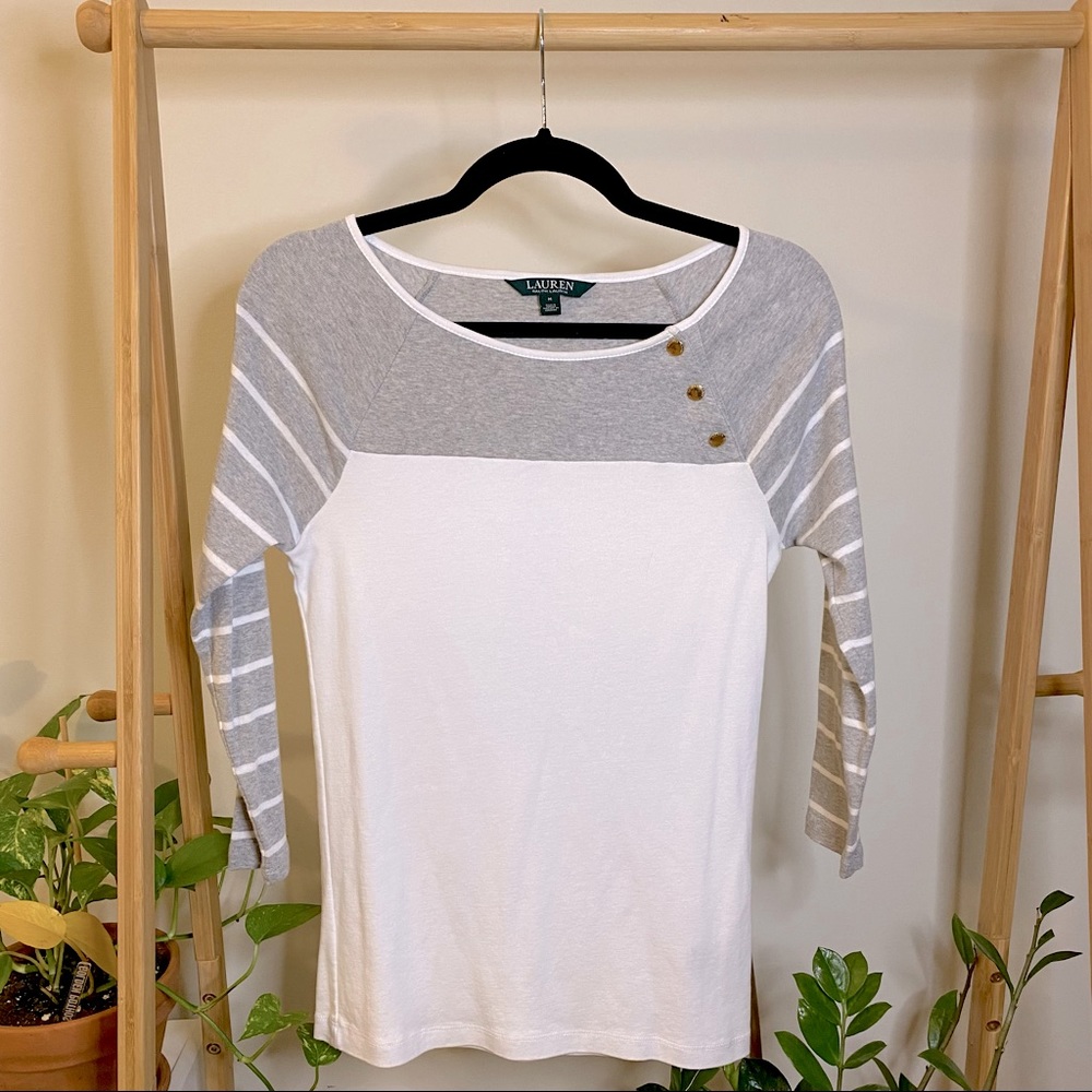 LAUREN Ralph Lauren Grey White Fitted Sweater Shirt, 3/4 Sleeve, Gold Buttons, M
